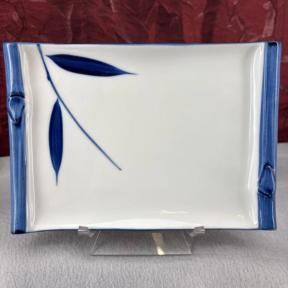 Vintage‎ Blue & White BAMBOO Design Sashimi Plate & Sauce Dishes 1970s Japan 3pc